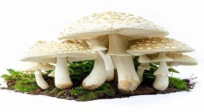 白毒伞蘑菇近景，通体洁白、菌托清晰可见，生长于松林地面，是中国致死率最高的毒蘑菇，毒蘑菇测试必须识别